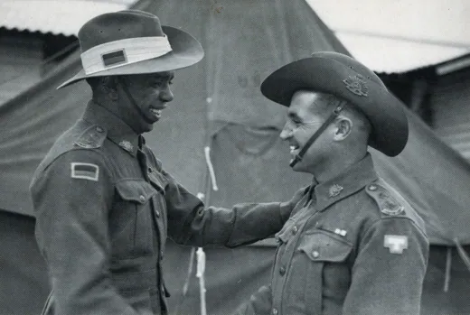Two soldiers in slouch hats, wartime service portrait.