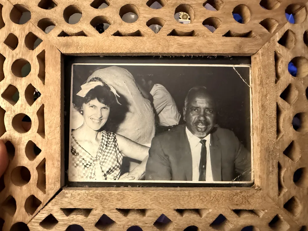 A framed wedding portrait.